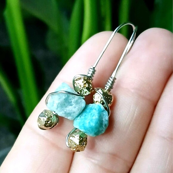 Raw Amazonite Gemstone Dangle Drop, Boho Bohemian Artisan Statement - Picture 2 of 5